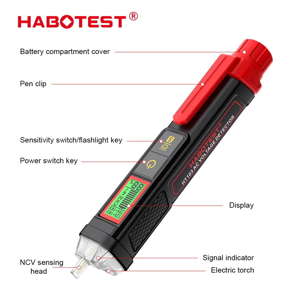 HABOTEST HT103 Spannungsprüfer 12-1000V Berührungsloser Wasserdichter Digitaler AC-Spannungsdetektor Elektrischer Tester mit LCD-Anzeige – Detail 5