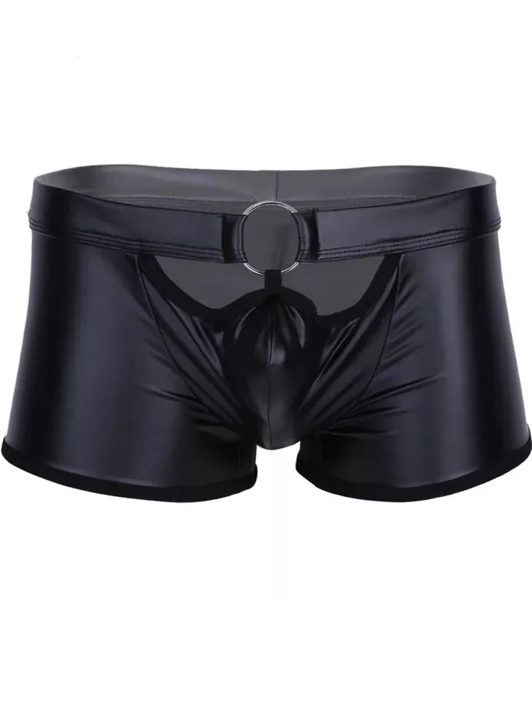 S-5XL Faux PU Leather Boxershorts Metal Ring Convex Pouch Mens Boxer Shots Hollow Out Trunks Tights Sexy Calzoncillo Underwear