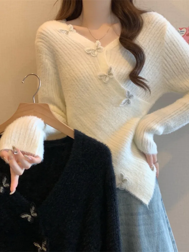 부드러운 브이넥 여성 니트 스웨터 매듭 디자인 슬림 핏 베이스 레이어 가을 겨울 따뜻한 롱 스웨터 탑