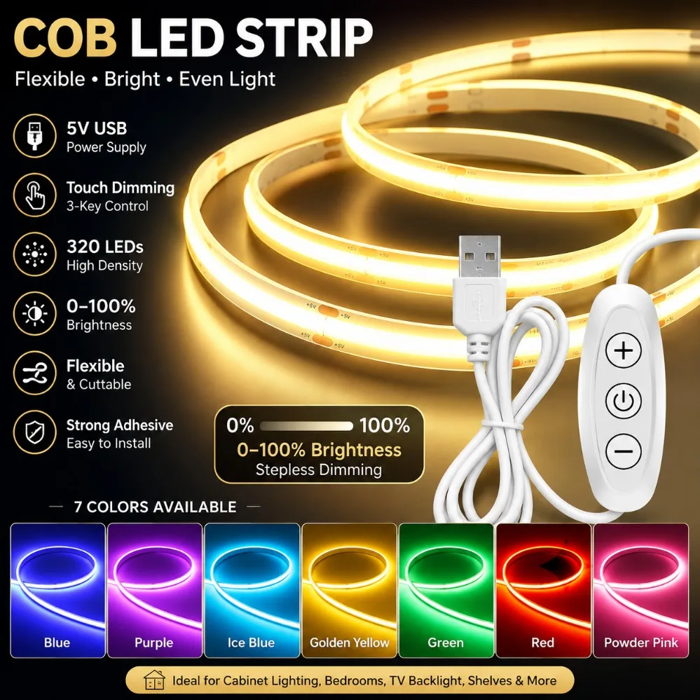 Светодиодная лента COB 5В USB с сенсорным диммированием, 320 светодиодов/м, 3000K-6000K, гибкая, для подсветки под шкафы, для гардероба, для фона ТВ, для внутреннего декора