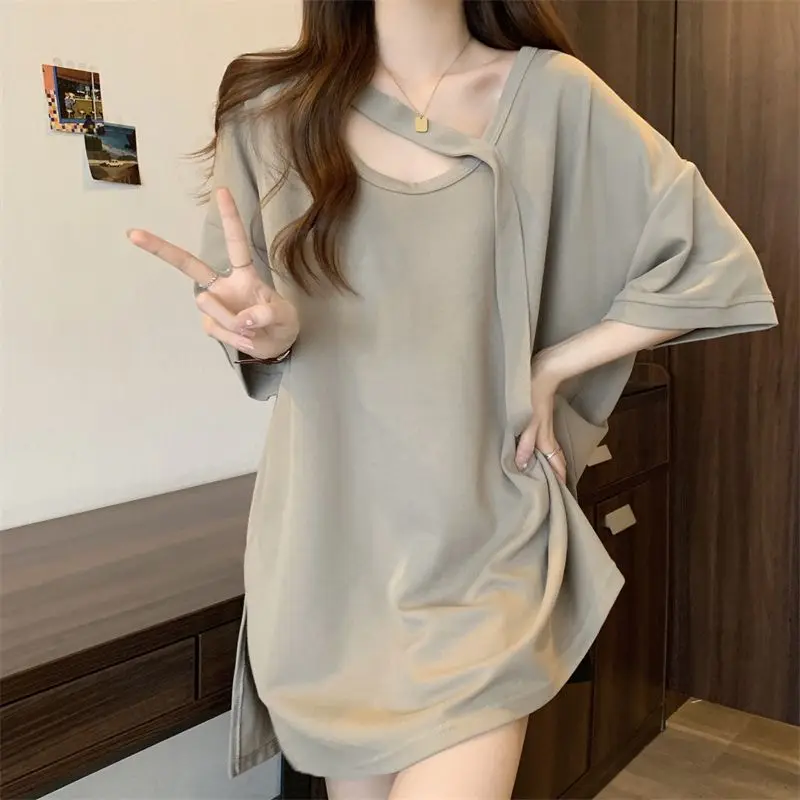 Summer New Hollow Out Loose T Shirt Tops Round Neck Short Sleeve Solid Color Pullovers Trend Casual Fashion Women Clothing - Image 5