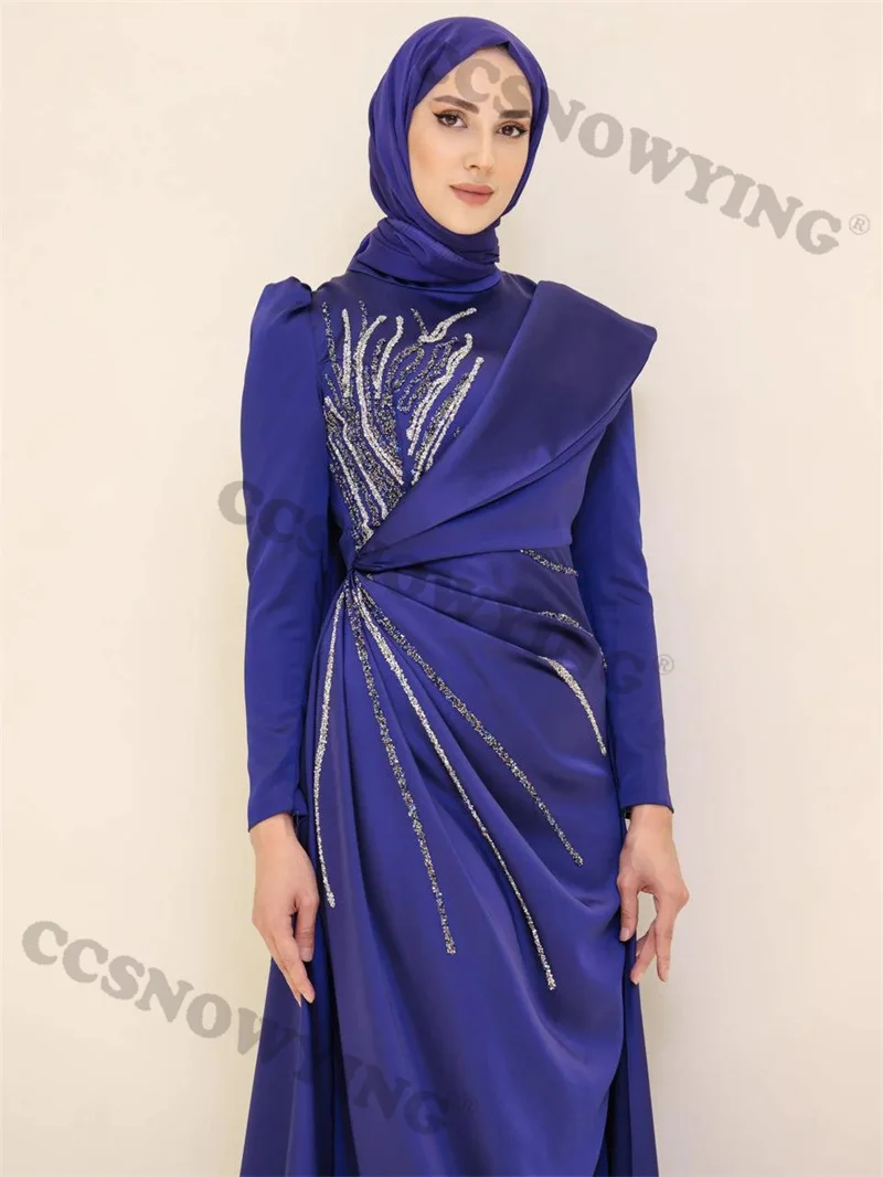 Gaun malam Hijab Muslim lengan panjang applique Satin manik-manik Islami wanita gaun pesta Formal Arab Saudi jubah De Soiree