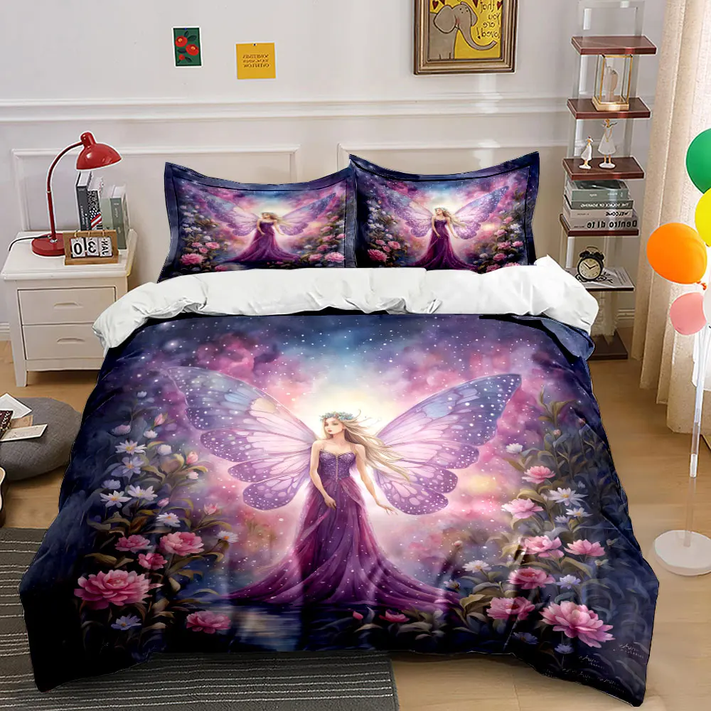 Dreamy Purple Fairy with Wings Print Bedding Set 1 Duvet Cover 2 Pillowcases for Adult and Children Luxury Gift Full Size