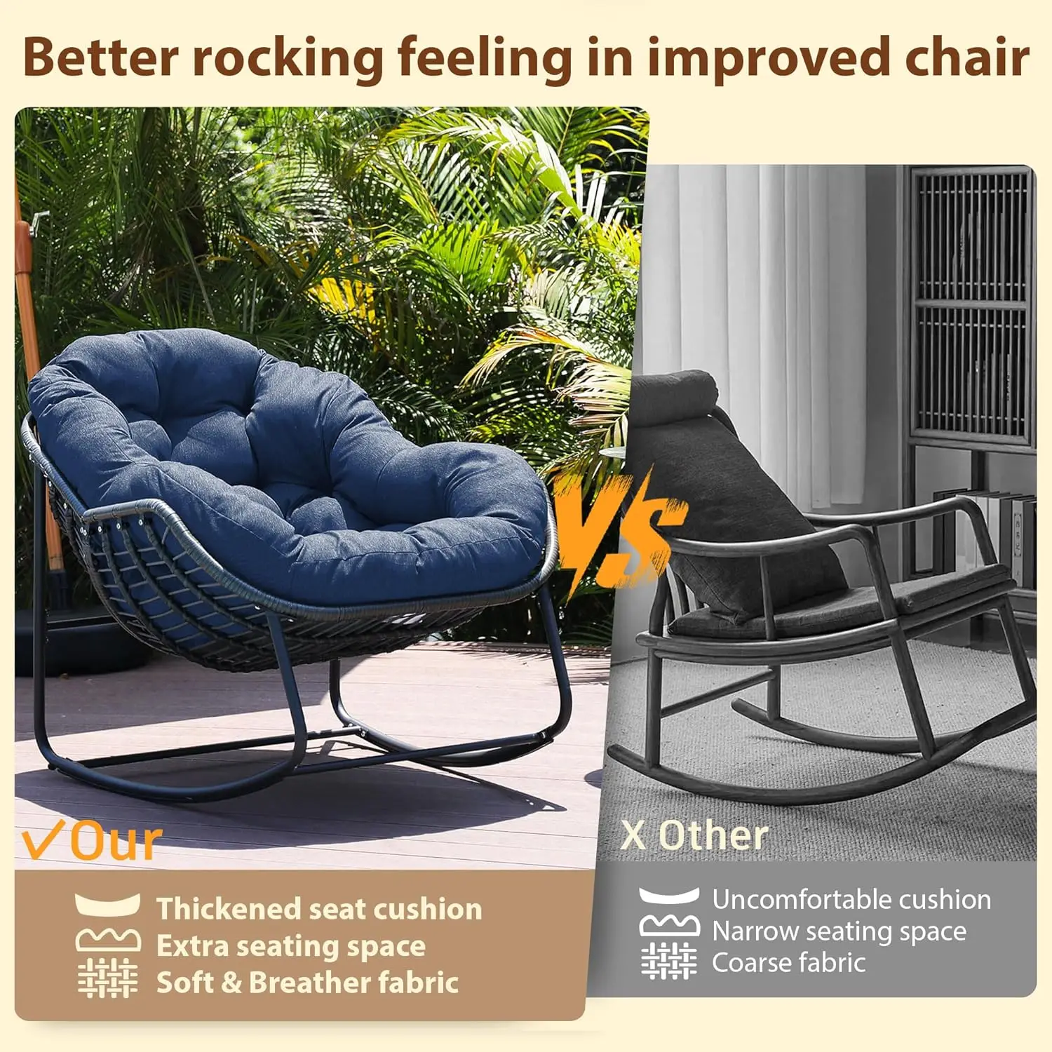 مجموعة كراسي هزازة للفناء الخارجي مكونة من قطعتين، كراسي باباسان مريحة ومبطنة على شكل بيضة، أثاث هزاز من الخوص للاسترخاء