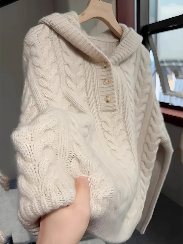 เสื้อสเวตเตอร์ถักไหมพรมสีขาวมีฮู้ด แขนยาว สำหรับผู้หญิง สวมใส่สบาย ลายบิดเกลียว ดีไซน์ดอกไม้ สำหรับฤดูหนาว สไตล์เกาหลี นุ่มละมุน สไตล์เกาหลี...