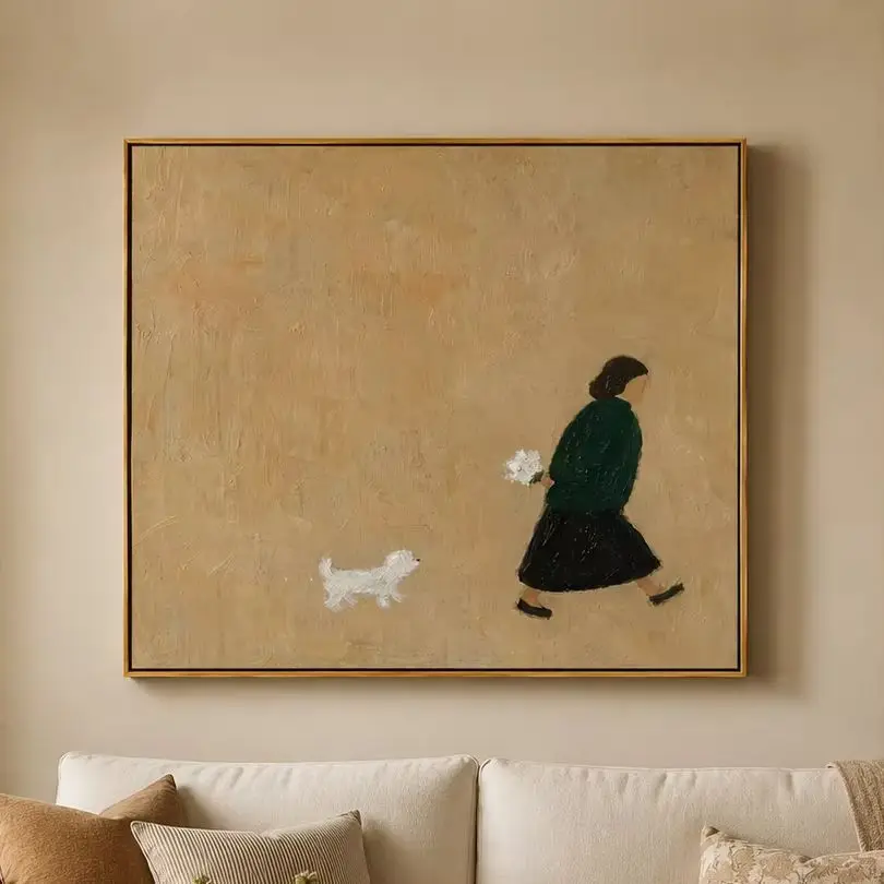 The Garden Errand – Warm Tan Folk Woman & Dog Portrait Painting,Canvas Wall Print,High‑Grade Home Decoration Artwork for Bedroom