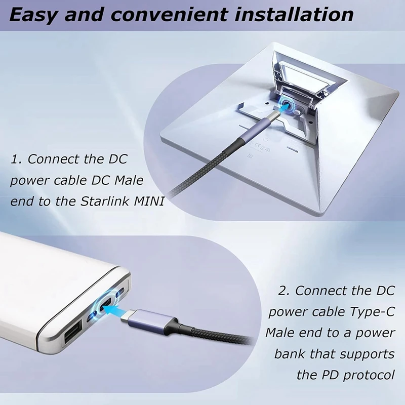 Para Starlink Mini tipo C a Cable de alimentación CC compatible con Cable de carga USB C de 140W para Starlink y banco de energía móvil 180Cm