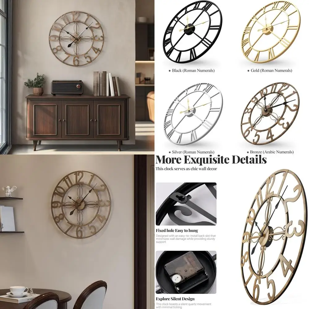

24-дюймовые декоративные металлические настенные часы, большие часы для гостиной, бесшумные, на батарейках, в стиле ретро, с арабскими цифрами, бронзовые, аналоговые