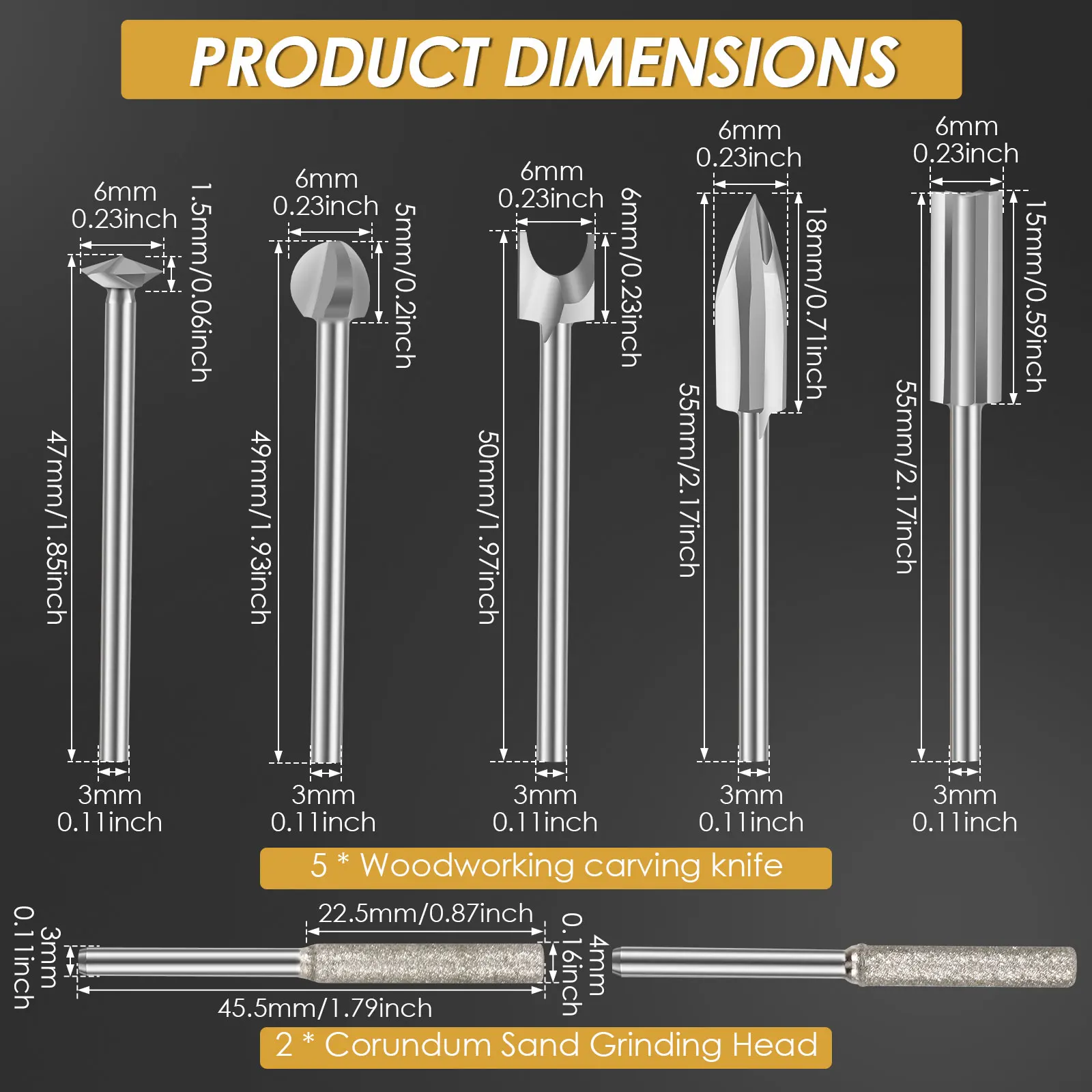 7-teiliges Drehwerkzeug-Holzschnitz-Bit-Set, 3 mm Schaft, weißer Stahl, Holzschnitzerei, Bohrer-Set für Holz, Metall, Schnitzen, Schleifmittel, Dremel-Werkzeug