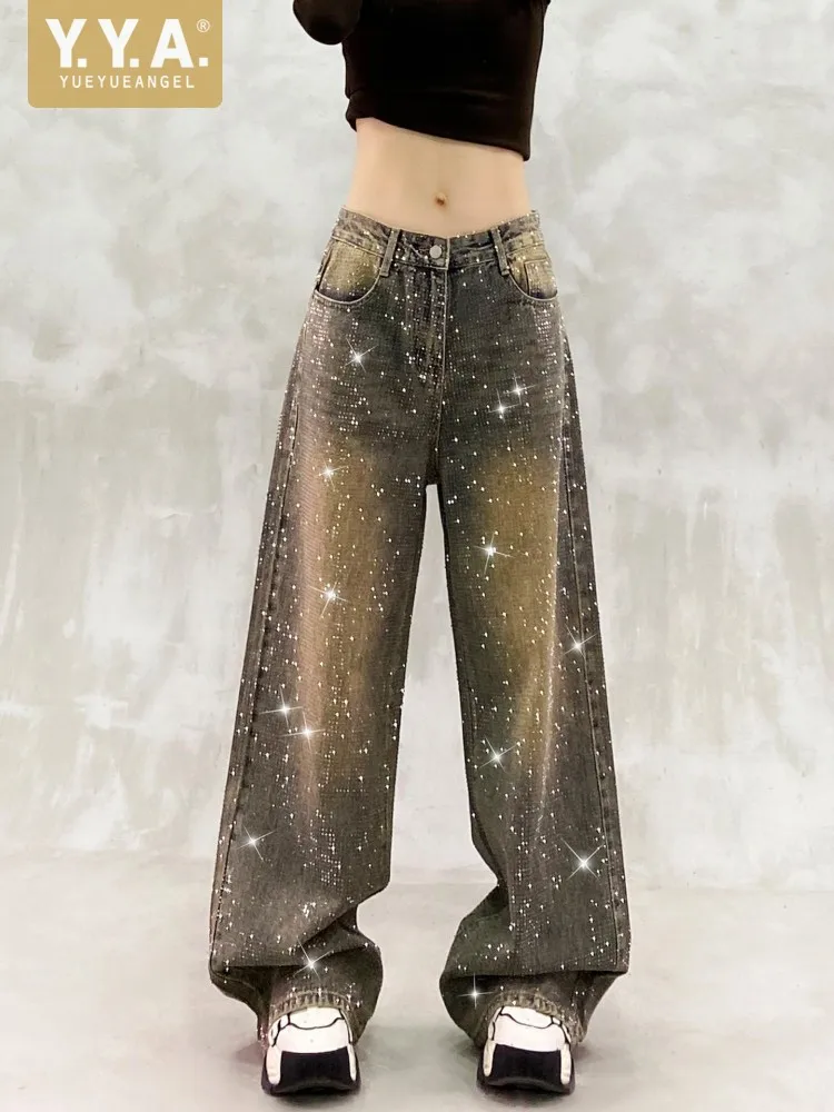 

Зимние женские винтажные джинсы с высокой талией, пайетками и стразами, широкие брюки свободного кроя, повседневные прямые джинсы, уличная мода, женские джинсы
