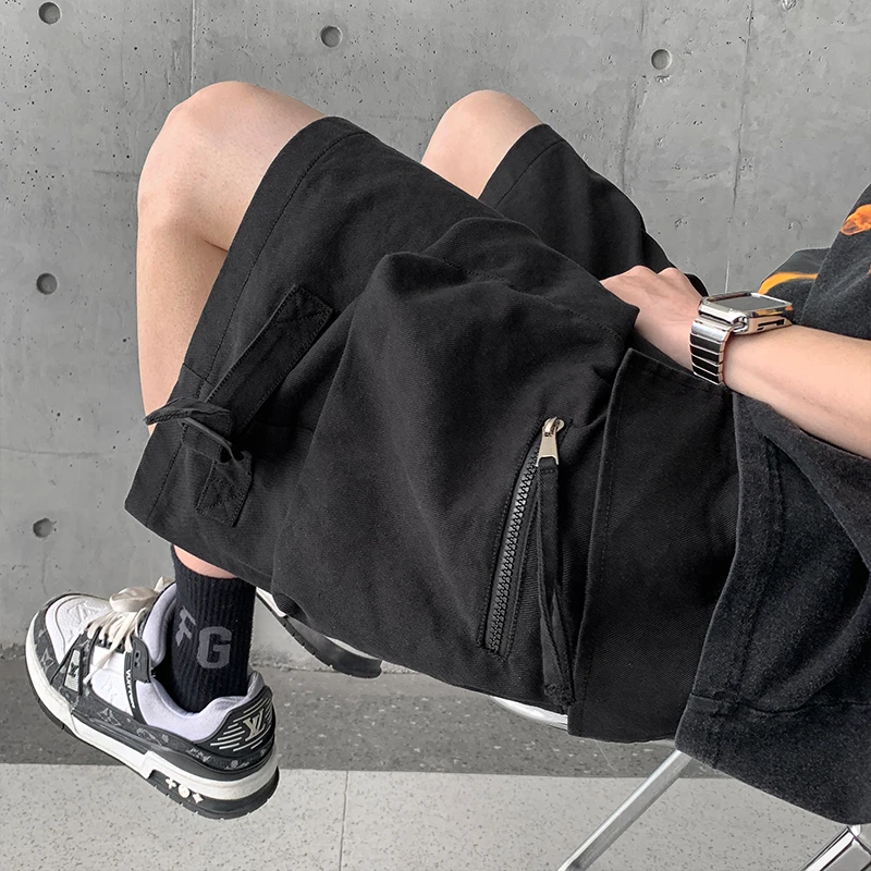 Shorts de carga masculino high street solto aconchegante verão multi bolsos na altura do joelho sólido cordão estilo japonês clássico slouchy diário