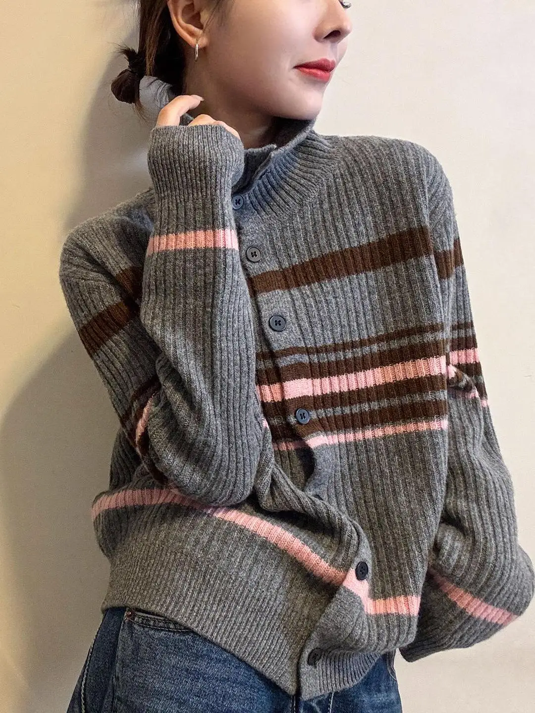 

Color Blo Striped Fine Wool Knitted Cardigan Women's Winter Faion Sweater Jaet Commute Sle Regular Fit Long Sve