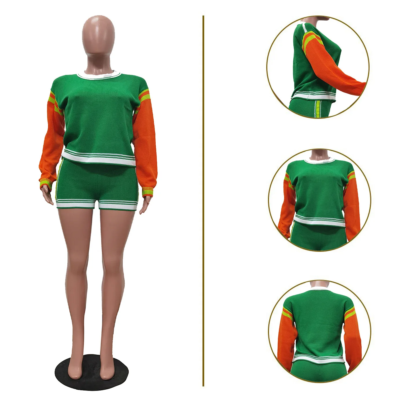 Women Set Fashion Contrast Color Long Sleeves Knitted Sweatshirt Top And Shorts Casual Two Piece Sets Women Tracksuits Set