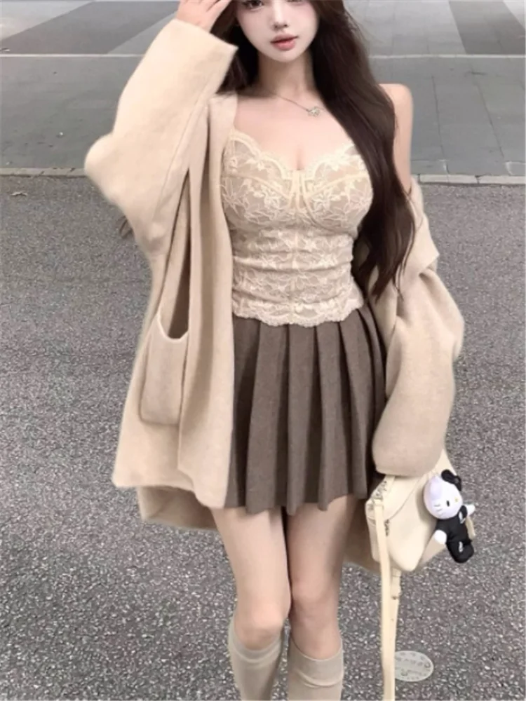 Gentle Lazy Style Women 3 Piece Suits Short Lace Camis&Loose Hooded Knit Coat+High Waist Pleated Mini Skirt Chic 2pc Dress Sets