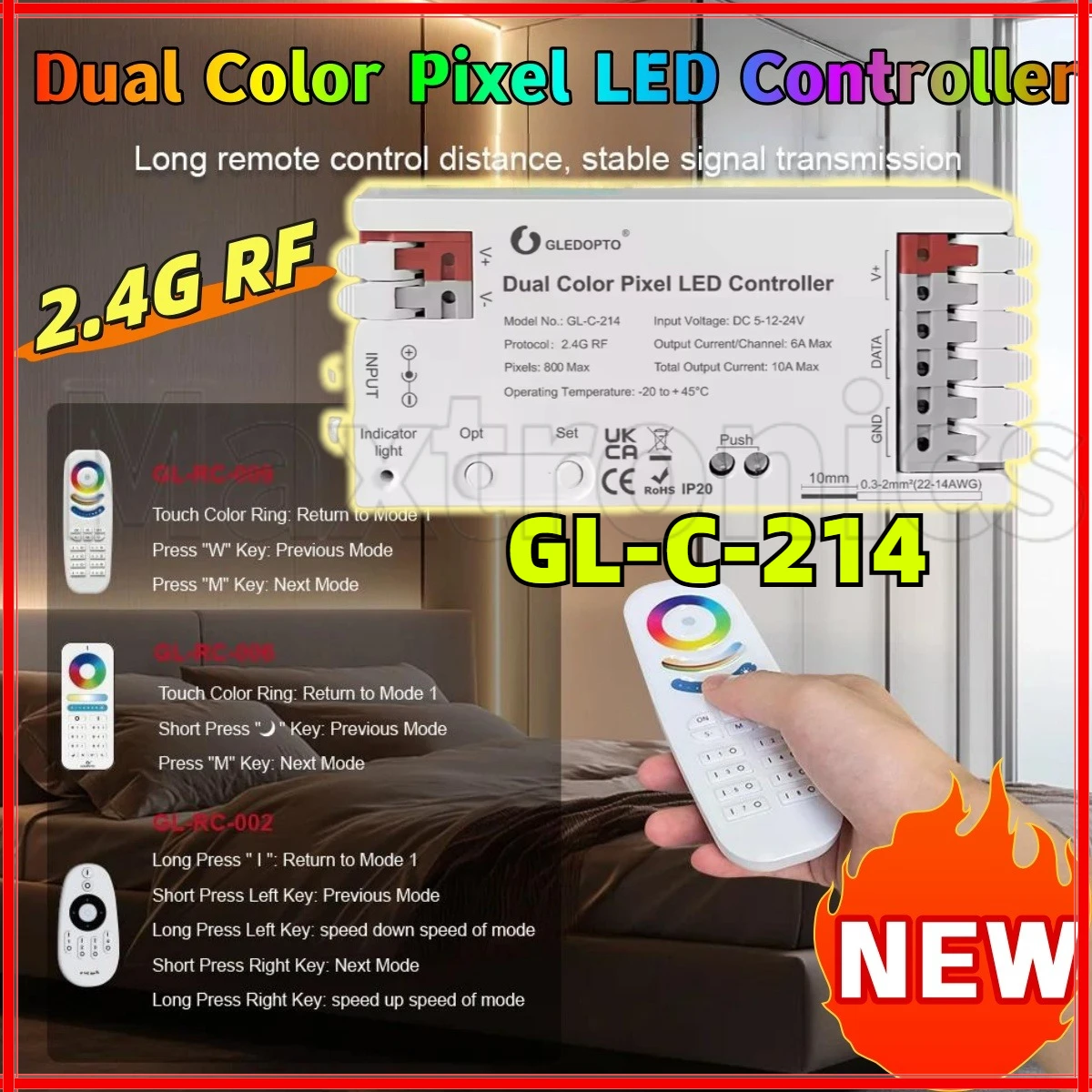 

GLEDOPTO 2.4G RF LED Controller GL-C-214 7 Dynamic Modes 800Pixels GL-RC-006Z 6zone Remote For Dual Color WS2811 2812B LED Strip