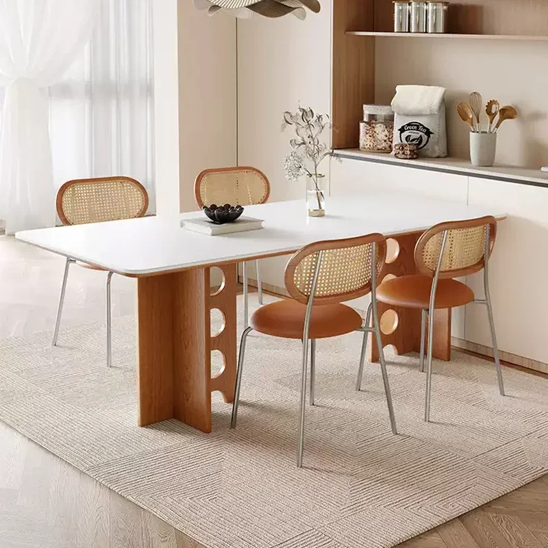 French cream solid wood rock slab dining table, small household, American retro, wabi sandy antique style