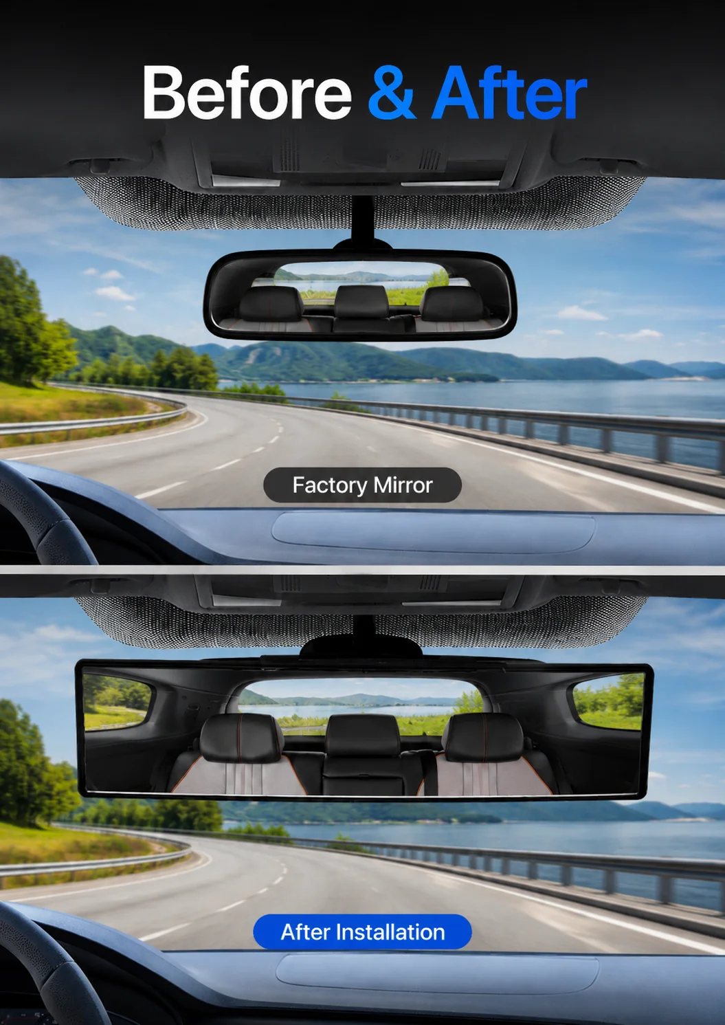 28.5cm Universal Car Rear View Mirror Panoramic Wide Angle Convex Clip-On Interior Mirror Anti-Glare Blind Spot Parking Assist