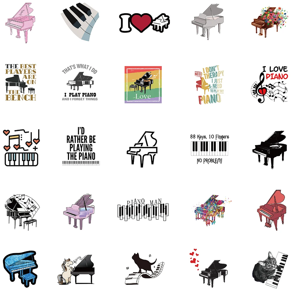 50pcs Piano Music Stickers Aesthetic Decals for Laptop Luggage Guitar Phone Drum kit Motorcycle Helmet Stickers Kids Toys