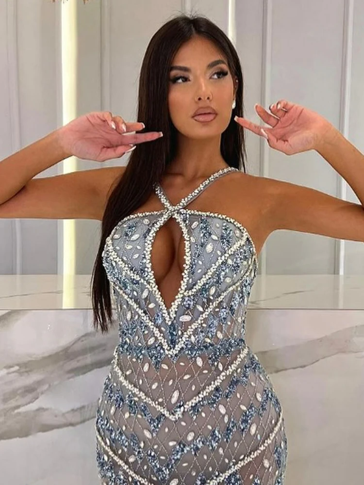 فستان VC Dazzling مزين بالترتر والكريستال بدون أكمام بتصميم قصير لحفلات الموضة والمناسبات