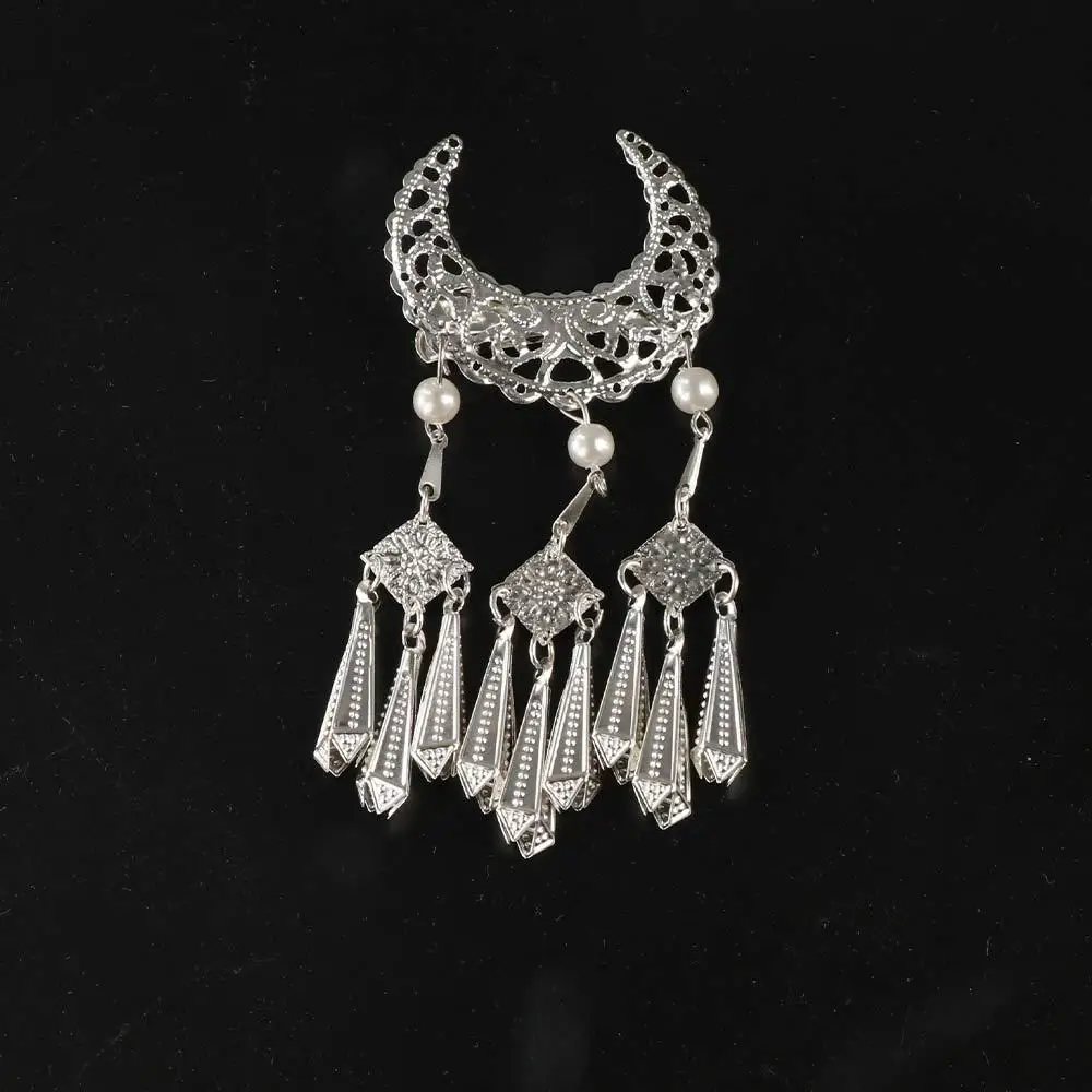 Horquilla con borla en forma de media luna, tocado de estilo étnico de Metal plateado, palitos para el cabello para bollos, accesorios para el cabello