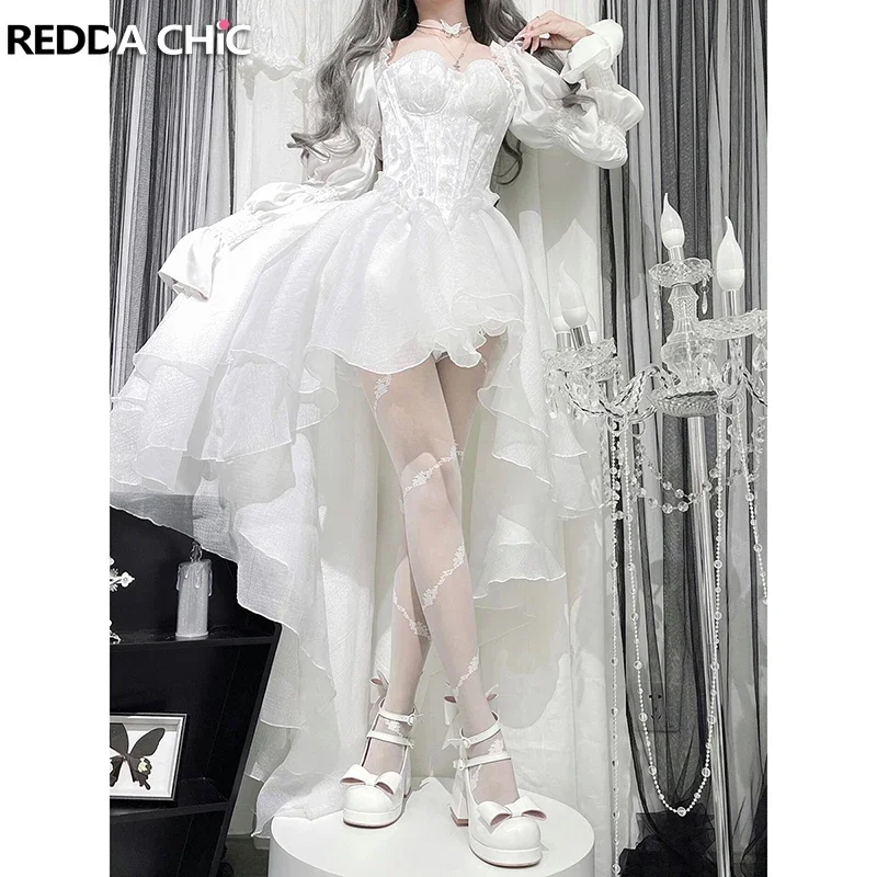 IMU Princess Trailing Party Gown Women White Floral Embroidery Puff Sleeves Lace Up Backless Hi-Lo Mini Dress Wedding Gown
