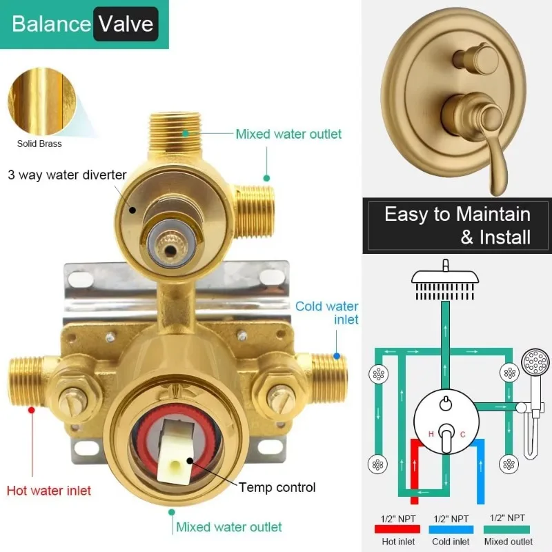 نظام دش ذهبي مصقول، مجموعة صنبور دش عتيق، نظام دش كامل الجسم #6