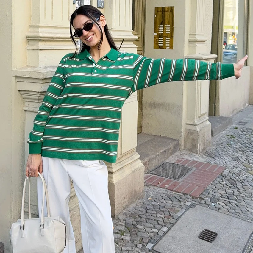 

Linad Street Chic Green Striped Lapel T Shirts Autumn Fashion Knitted Long Sleeve Tees Casual Loose Tops Ladies 2025 Buttons