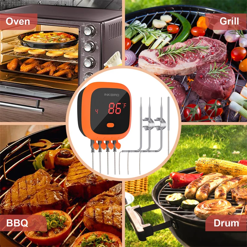 INKBIRD Waterproof BBQ Meat Thermometer IBT-4XC Bluetooth Grilling Thermometer Alarm Outdoor Cooking for BBQ Kitchen Smoker Oven