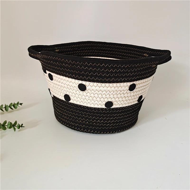 Laundry Basket Portable Kitchen Organizer Storage Handmade Weaving Organizer Vintage Storage Basket Multicolor Dots Fruit Basket