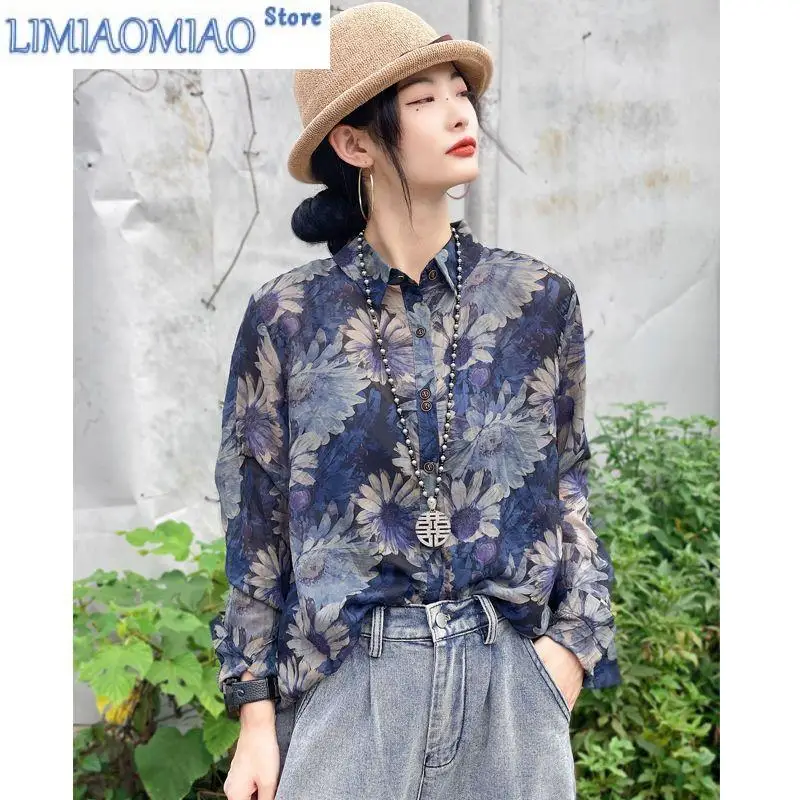 

Vintage Fashion Printing Single-breasted Cardigan Blouse Womne Classic Long Sleeve Personality Polo Collar Loose Lady Shirt