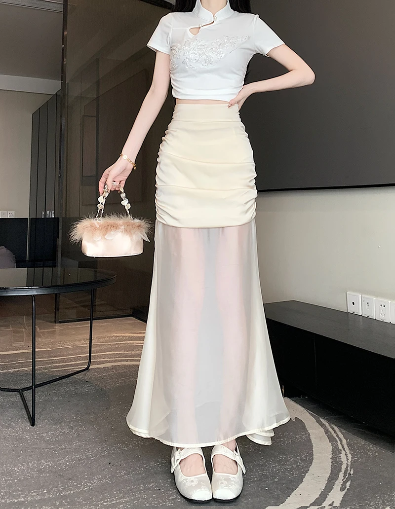 

Design sense mesh splicing hip skirt pleated versatile long skirt for women 2024 spring/summer new solid color fishtail skirt