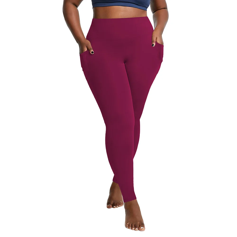 �Damen-Yoga-Leggings in Übergröße mit hoher Taille und Taschen | Bauchkontrollierende, hüftbetonte Workout-Strumpfhose in einfarbigen Farben für das Fitnessstudio – Detail 8