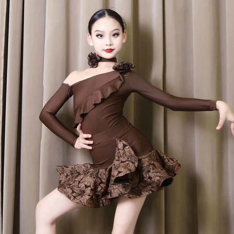 Design Bühnenkleidung Salsa Samba Tanzkostüm Neuer Stil Kinder Latin Dance Kleid Ballsaal Baby Mädchen Tutu Spitze Polychrom