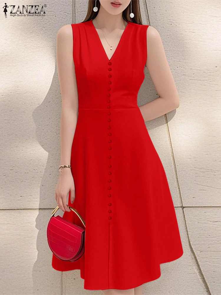 2025 ZANZEA vestido de verano para mujer, vestido veraniego OL de trabajo a la moda, Vestidos elegantes sin mangas con cuello en V, Vestidos de fiesta sólidos, bata Sarafans