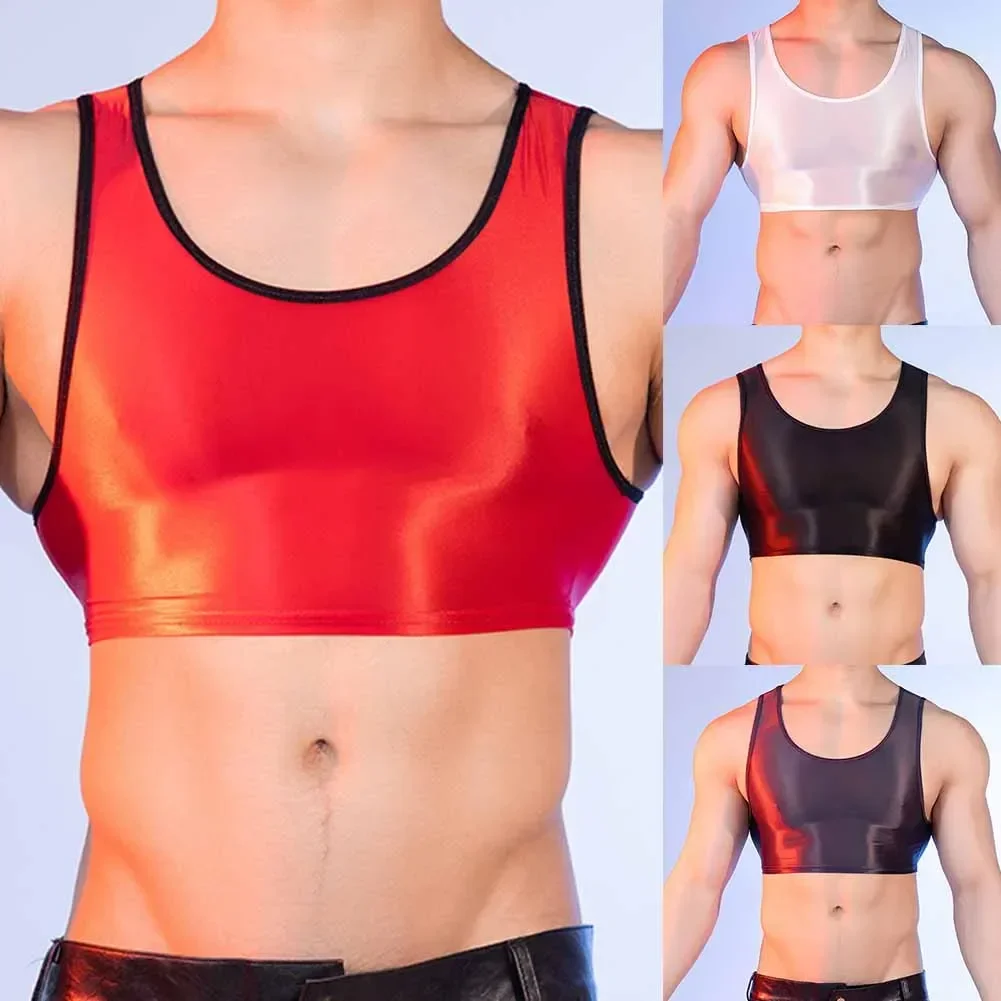 Chaleco deportivo brillante para hombre, camisetas sin mangas con cuello en U, lencería erótica elástica transparente para Yoga, Fitness, ropa de discoteca