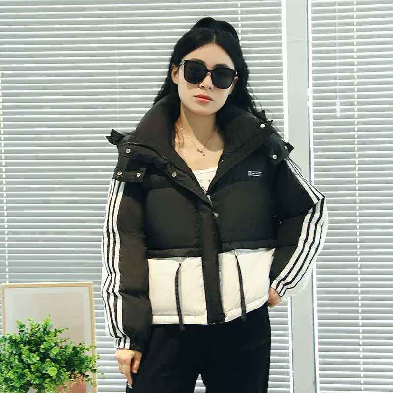 

Winter New Patchwork Contrast Color Hooded Down Jacket Pocket Zipper Fashion Down Jacket 2023 90% Warm White Duck Down Jacket