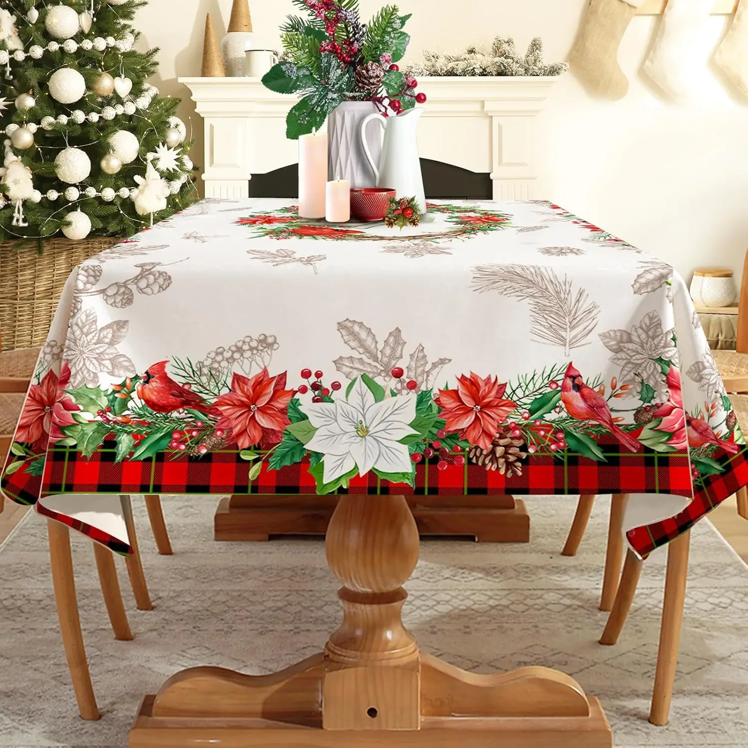 Christmas Poinsettia Floral Rectangle Tablecloth Wedding Party Decor Winter Xmas Flower Plaid Table Cloths Navidad Decorations