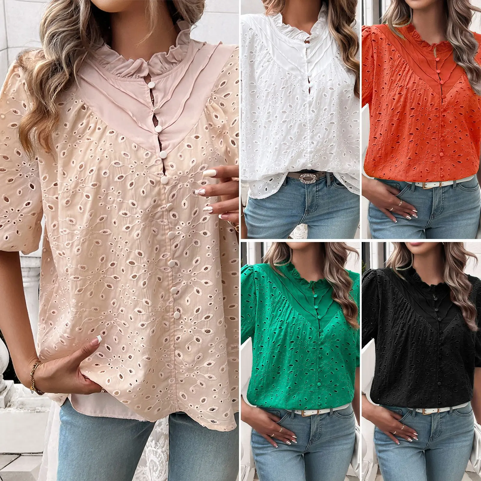 

High quality popular women clothing 2024 temperament personality bubble sleeves elegant hollowed out embroidered shirt vestidos