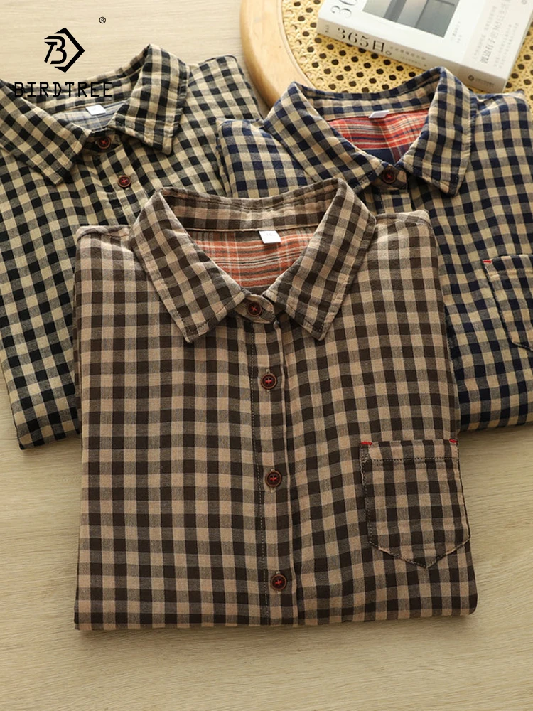

New 2026 Spring Women Cotton Long Sleeve Shirt, Turn-down Collar Plaid, Mori Girl Occupation Versatile Loose Blouse T62128CC