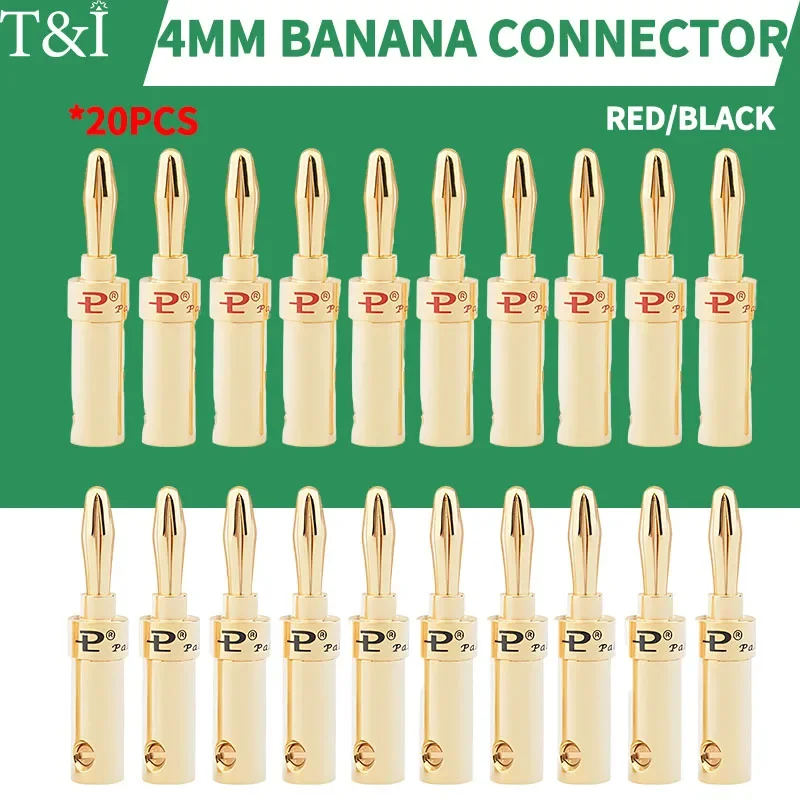 20 szt. wtyków bananowych 4 mm z pozłacanym 24-karatowym złączem i blokadą śrubową — odpowiednie do systemu audio, połączeń głośników wzmacniacza