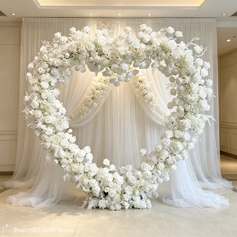Weißer Rosen- und Schleierkraut-Herzförmiger Blumenbogen, Künstlicher Blumen-Hochzeitshintergrund, Rahmen für Zeremonien, Partys, Fotobox-Dekoration, Requisiten – Detail 2
