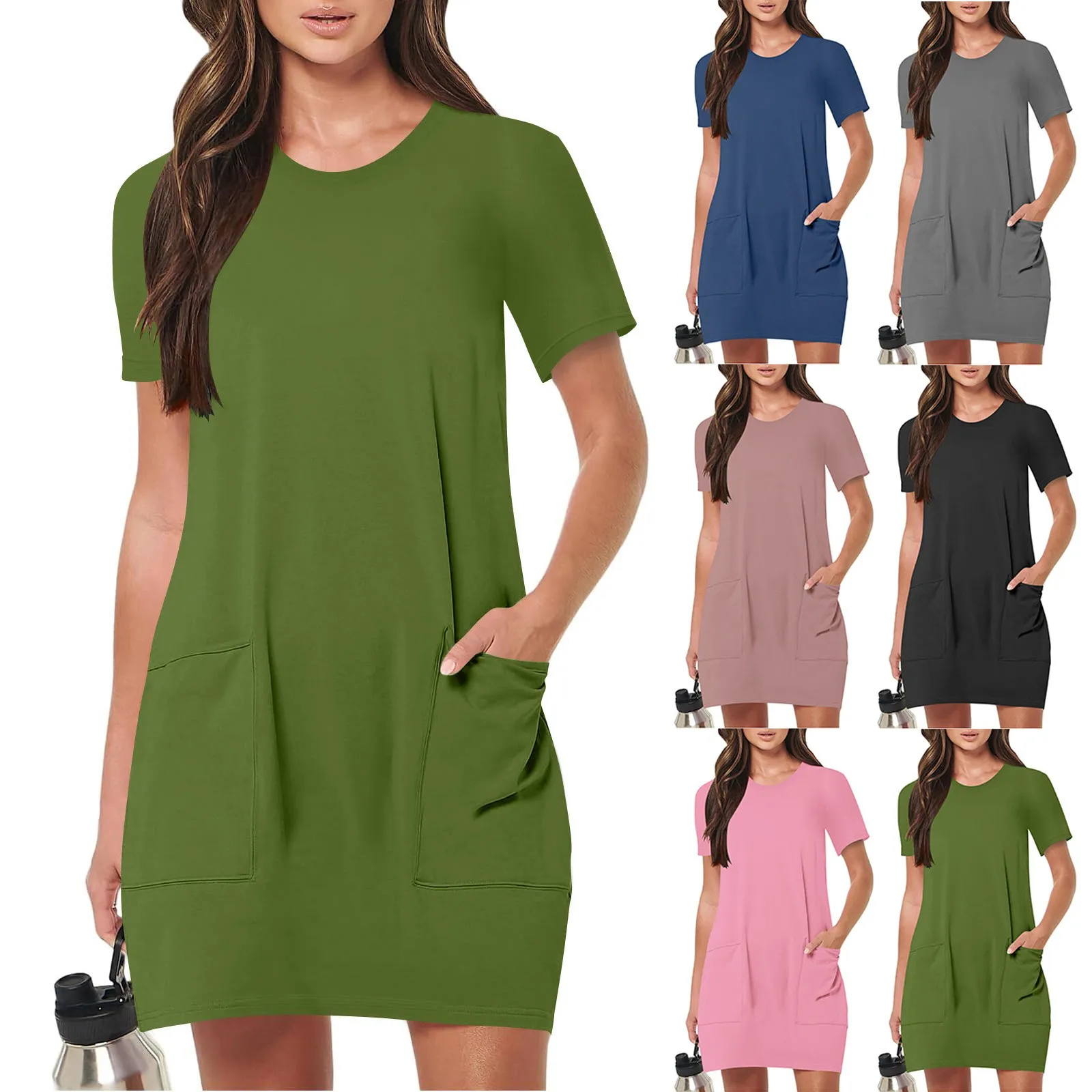 Women's Fashionable Solid Color Short Sleeved Round Neck Casual Sports Short Dress With Pockets