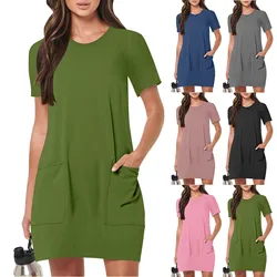 Women's Fashionable Solid Color Short Sleeved Round Neck Casual Sports Short Dress With Pockets