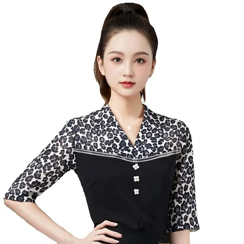 Adultes manches courtes haut de danse latine femmes vêtements de danse moderne femme léopard salle de bal haut de danse vêtements de pratique DW10811