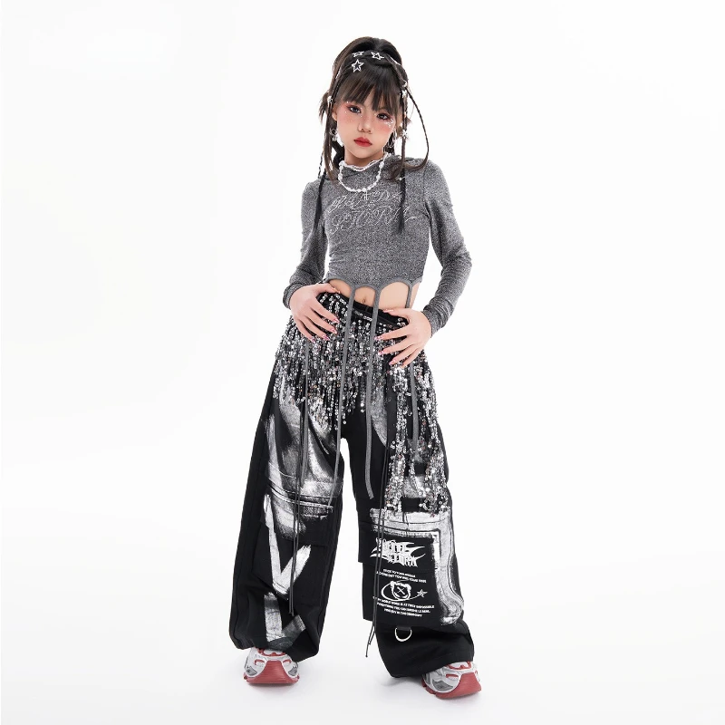Set di abbigliamento per danza hip-hop per ragazze, top a maniche lunghe, pantaloni larghi, costume da ballo di strada, abbigliamento da performance jazz Kpop