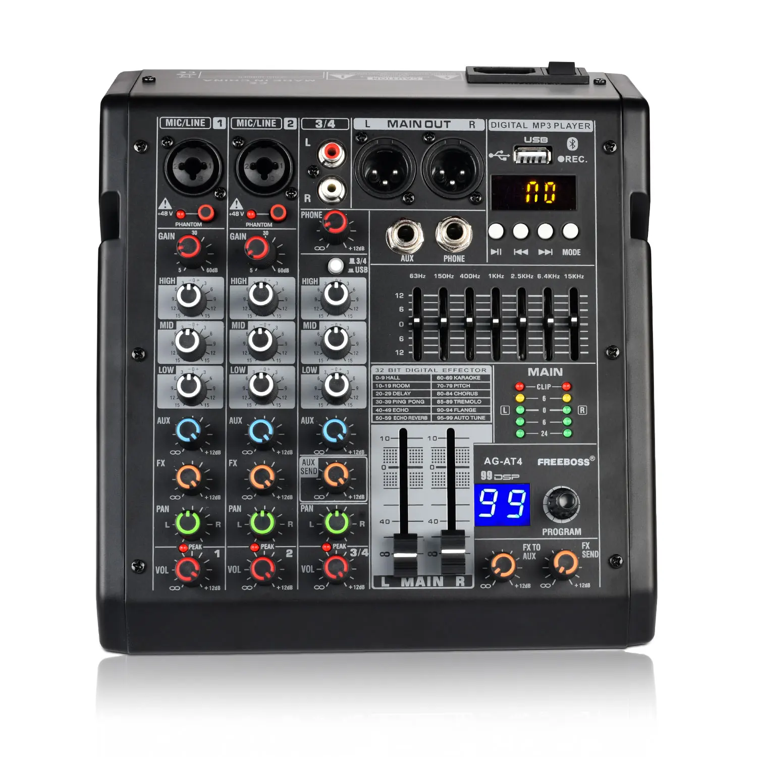 

4 Channels Audio Mixer 99 Effect USB Play PC Record Bluetooth Mixing Console 48V Sound Table Karaoke Mix Desk Party DJ AG-AT4