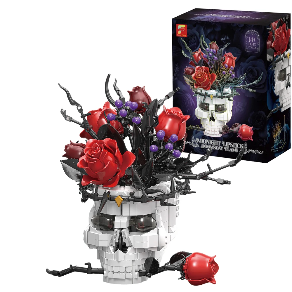 

1376 деталей, конструктор «Череп с красной розой», готический ужас, скелет, цветочный горшок, игрушка, настольное украшение, детские праздничные подарки