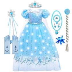 Girls Elsa Dress Princess Cosplay Costume Kids Fancy Children Gowns Carnival Vestidos Snow Queen Sequins LED Flashing Light