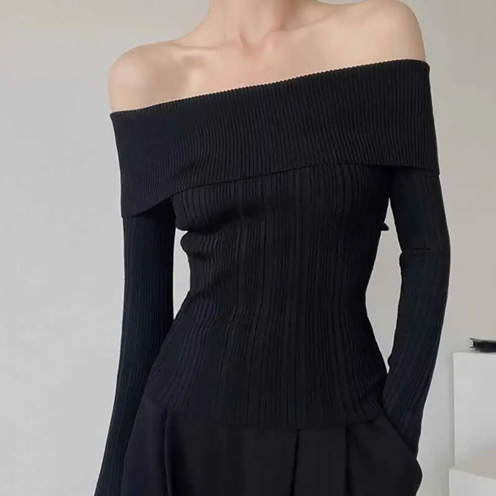 Women Long Sleeve One Shoulder Shirt Elegant One Shoulder Women's Knit Tops Slim Fit Pullover Blouse for Daily Wear Solid Color