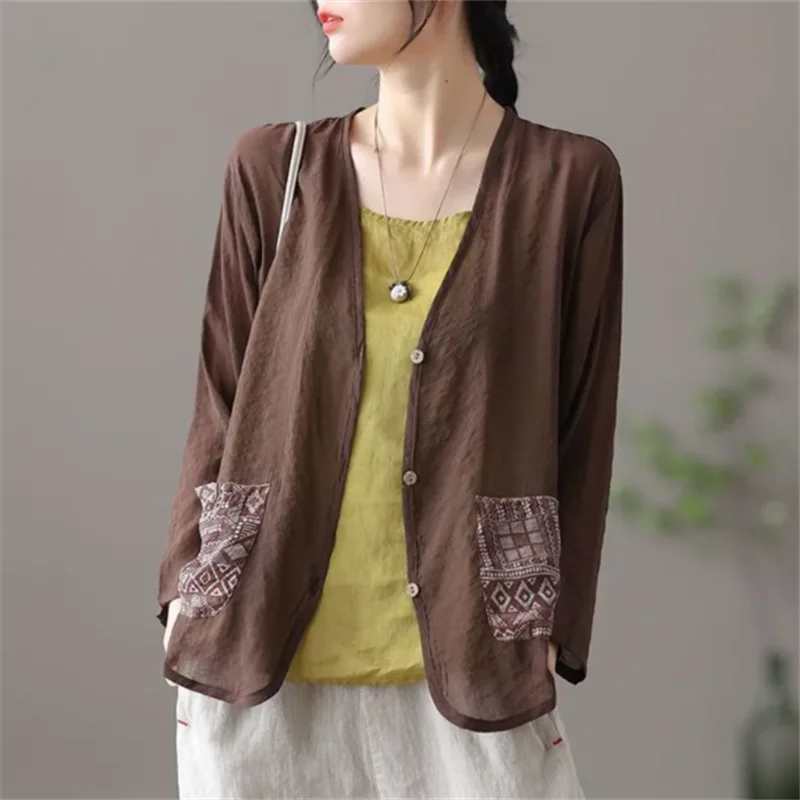

Retro Shirt Thin Blouse Ladies Cardigan V-neck Short Tops Summer Loose Casual Sun Protection Shirt